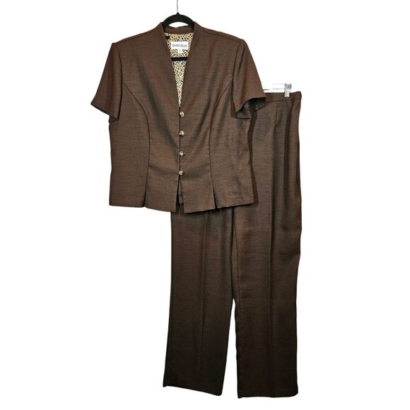 Danny& Nicole Brown Pant Suit Womens 16 Short Sleeve Peplum Top pull on Pants - Picture 1 of 14